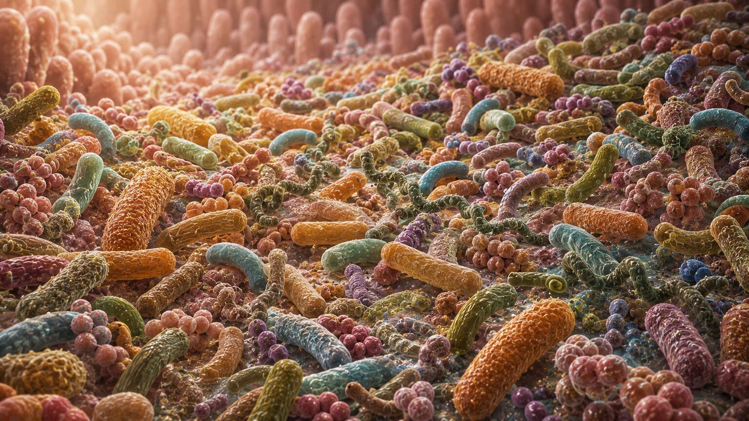 Scientific illustration of diverse rod, spiral, and round bacteria that together make up the normal microorganisms in a healthy human gut