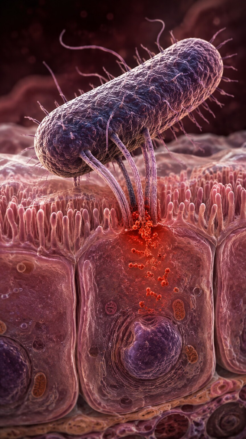 Scientific illustration of a rod-shaped pathogenic bacterium using pili and injected toxins to attach to and damage intestinal lining cells