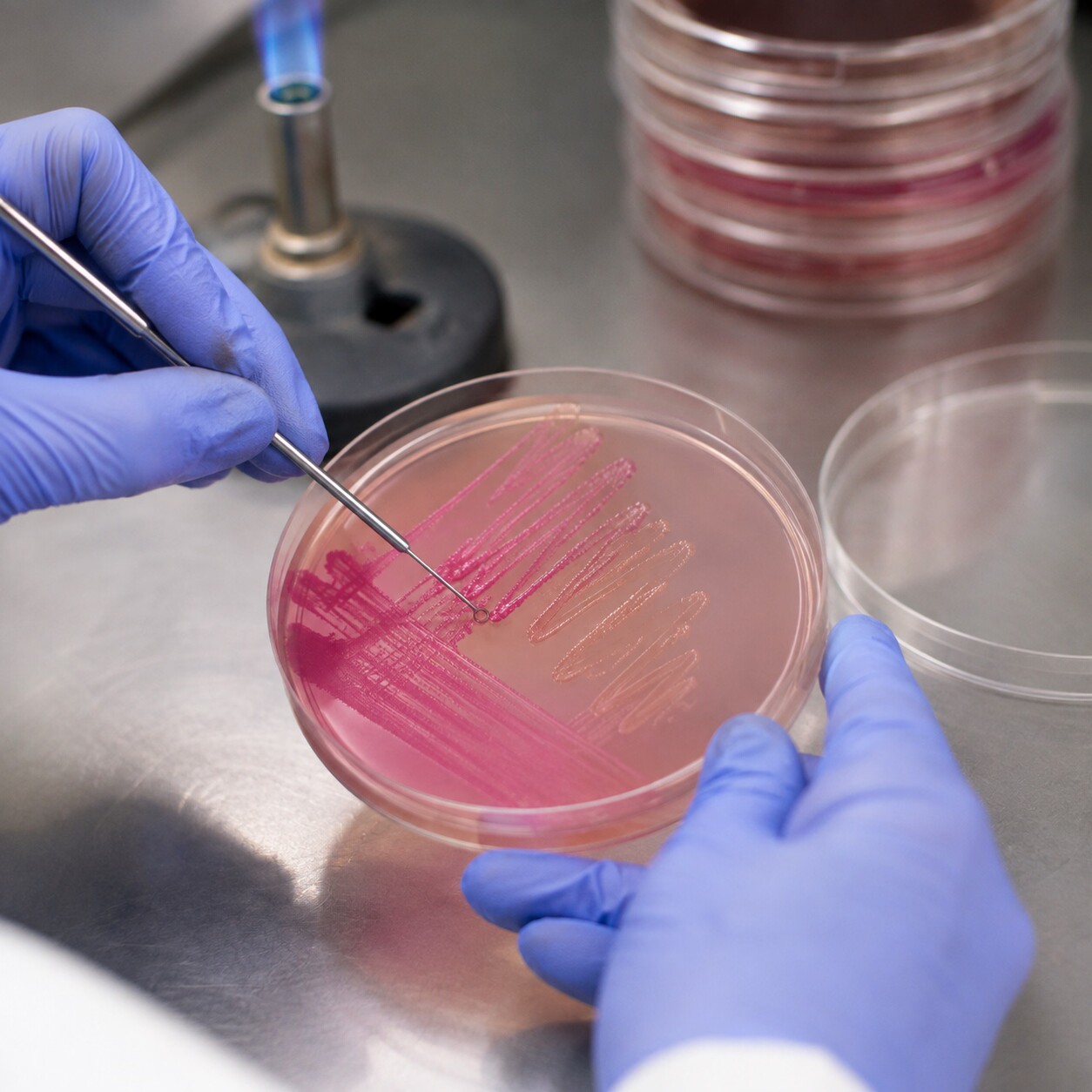 Gloved hands streaking a stool sample onto pink and colorless MacConkey agar to separate lactose-fermenting bacteria from suspected pathogens