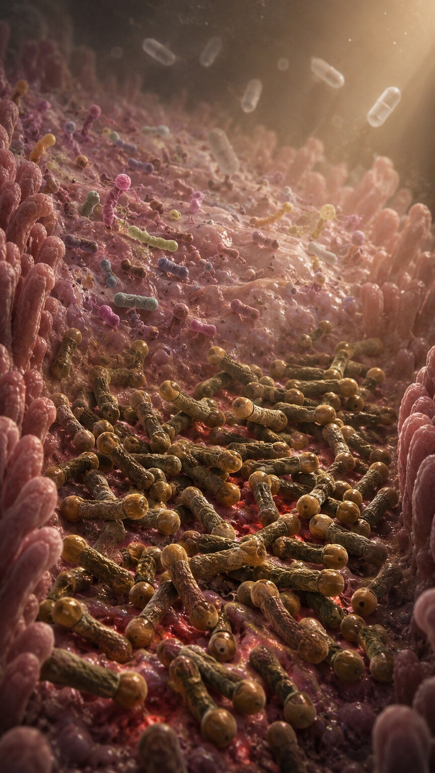 Illustration of drumstick-shaped C. difficile bacteria overgrowing in a depleted intestinal environment after antibiotics wipe out normal flora