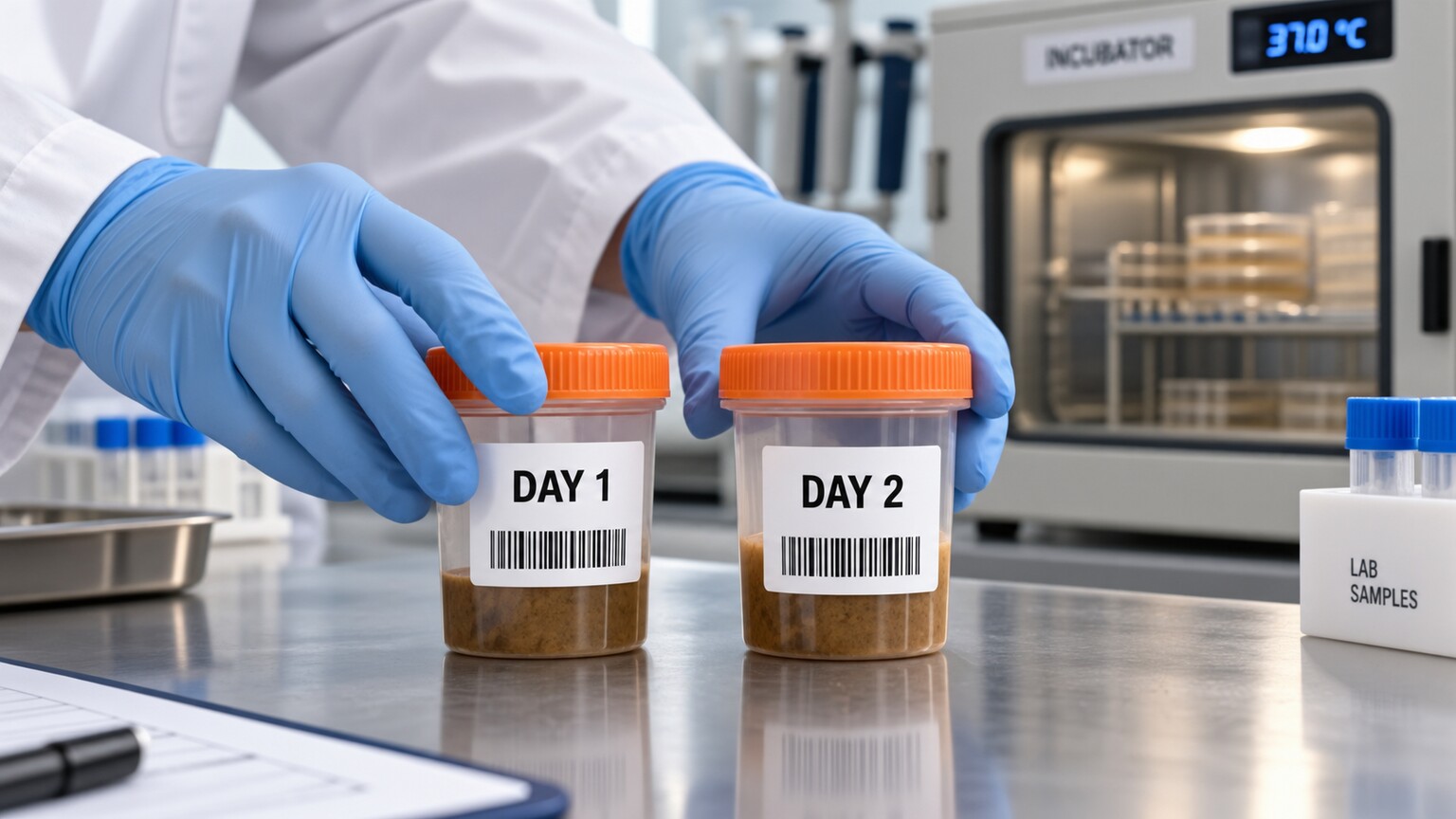 Two labeled stool sample containers marked Day 1 and Day 2 sitting on a laboratory counter as part of a sequential clearance testing protocol
