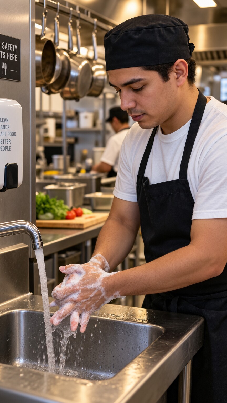 A restaurant kitchen worker in an apron thoroughly washing hands at a sink before starting a shift
