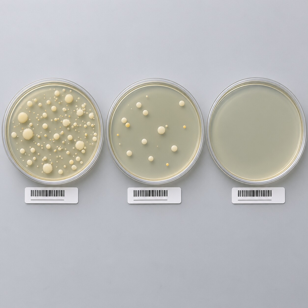 Three petri dishes arranged in sequence showing bacterial colony counts progressively decreasing from many colonies to none
