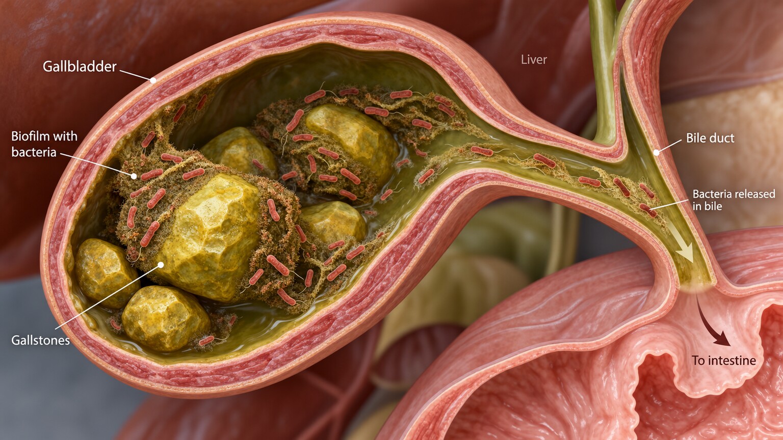 Scientific cross-section illustration of a human gallbladder with bacteria colonizing gallstones inside it, explaining how a chronic asymptomatic carrier state can persist