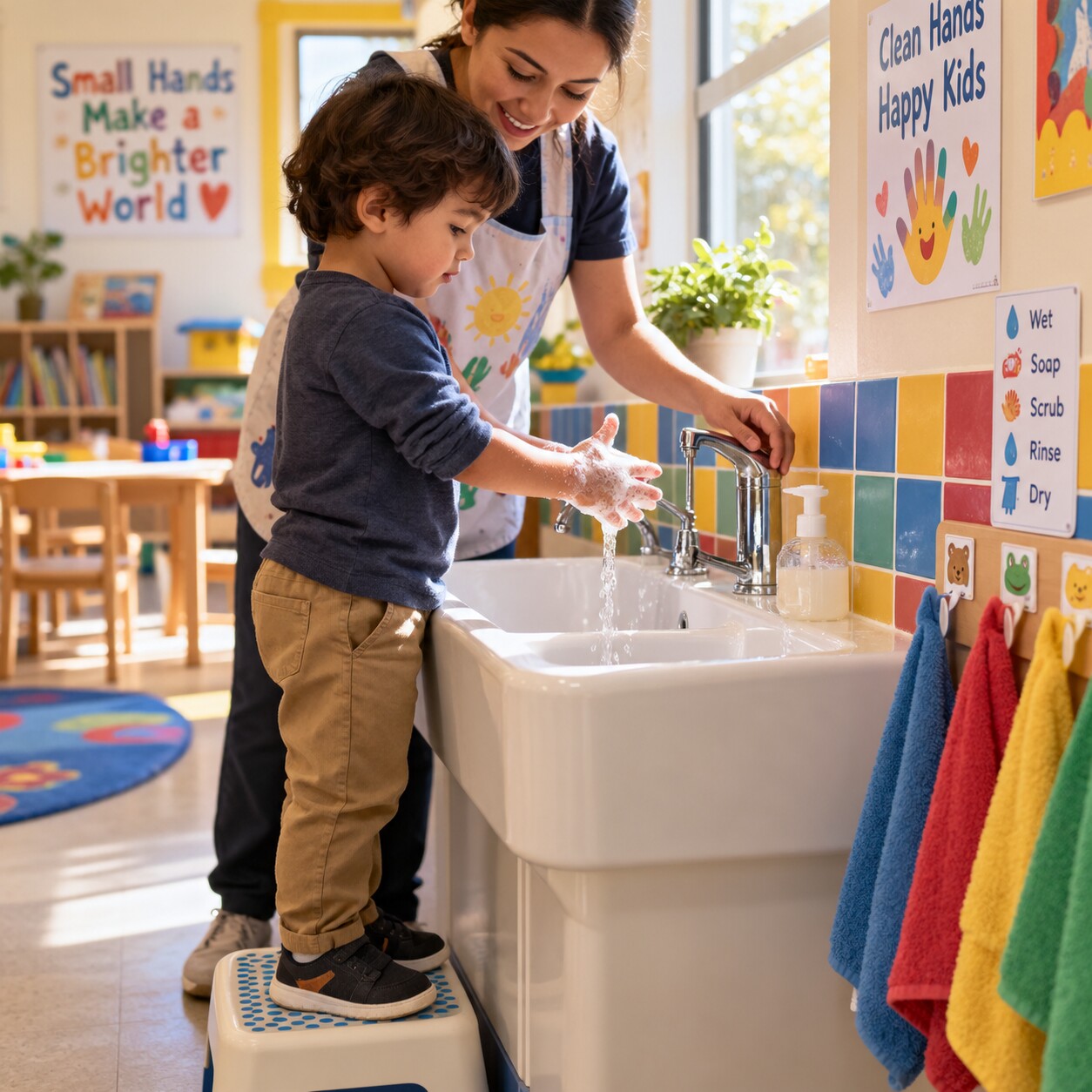A young child at a low, child-height sink in a daycare classroom washing hands with soap under adult supervision