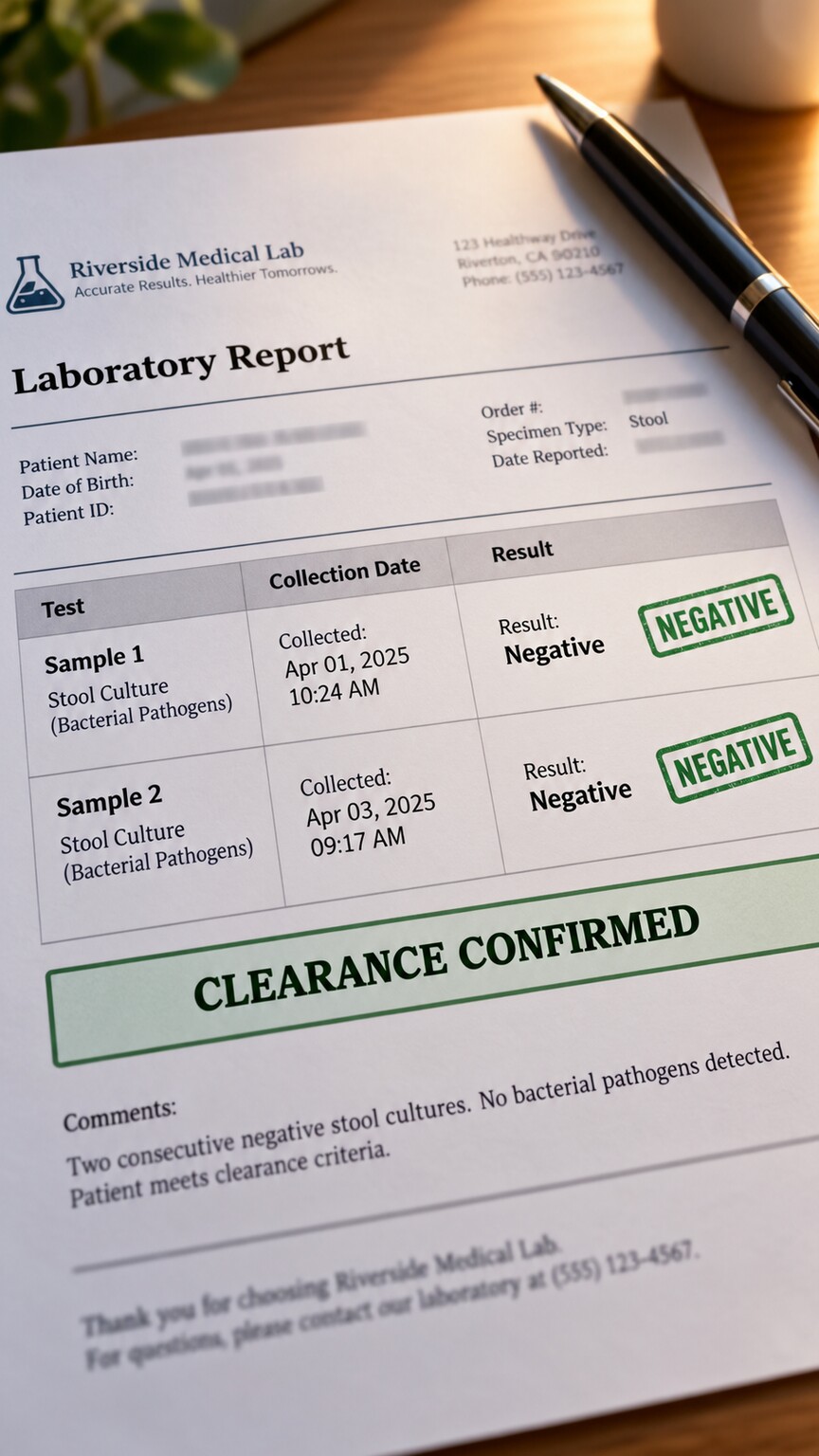 Close-up of a laboratory clearance report showing two negative stool culture results with collection dates 24 hours apart