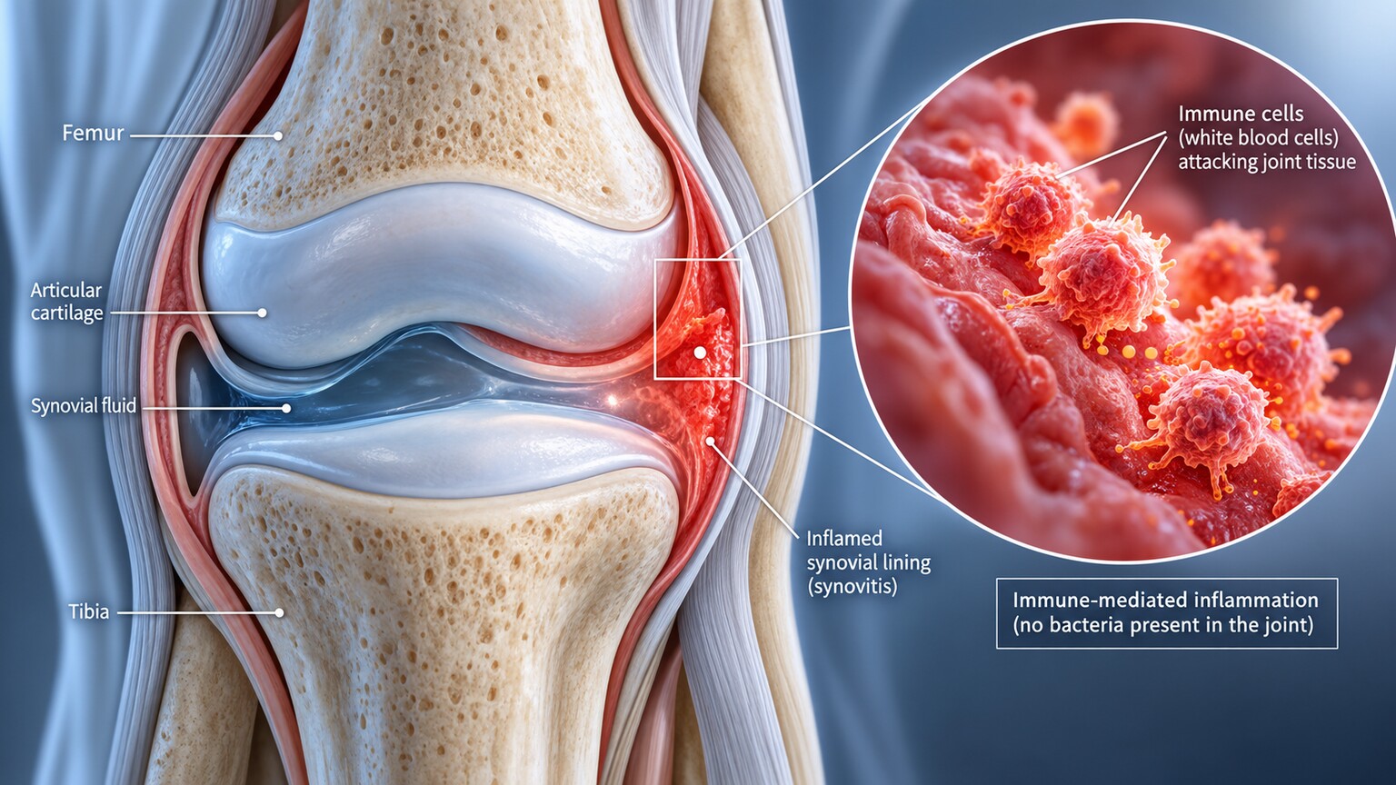 Scientific illustration of an inflamed knee joint showing immune cells attacking joint tissue weeks after a resolved Salmonella or Shigella gut infection
