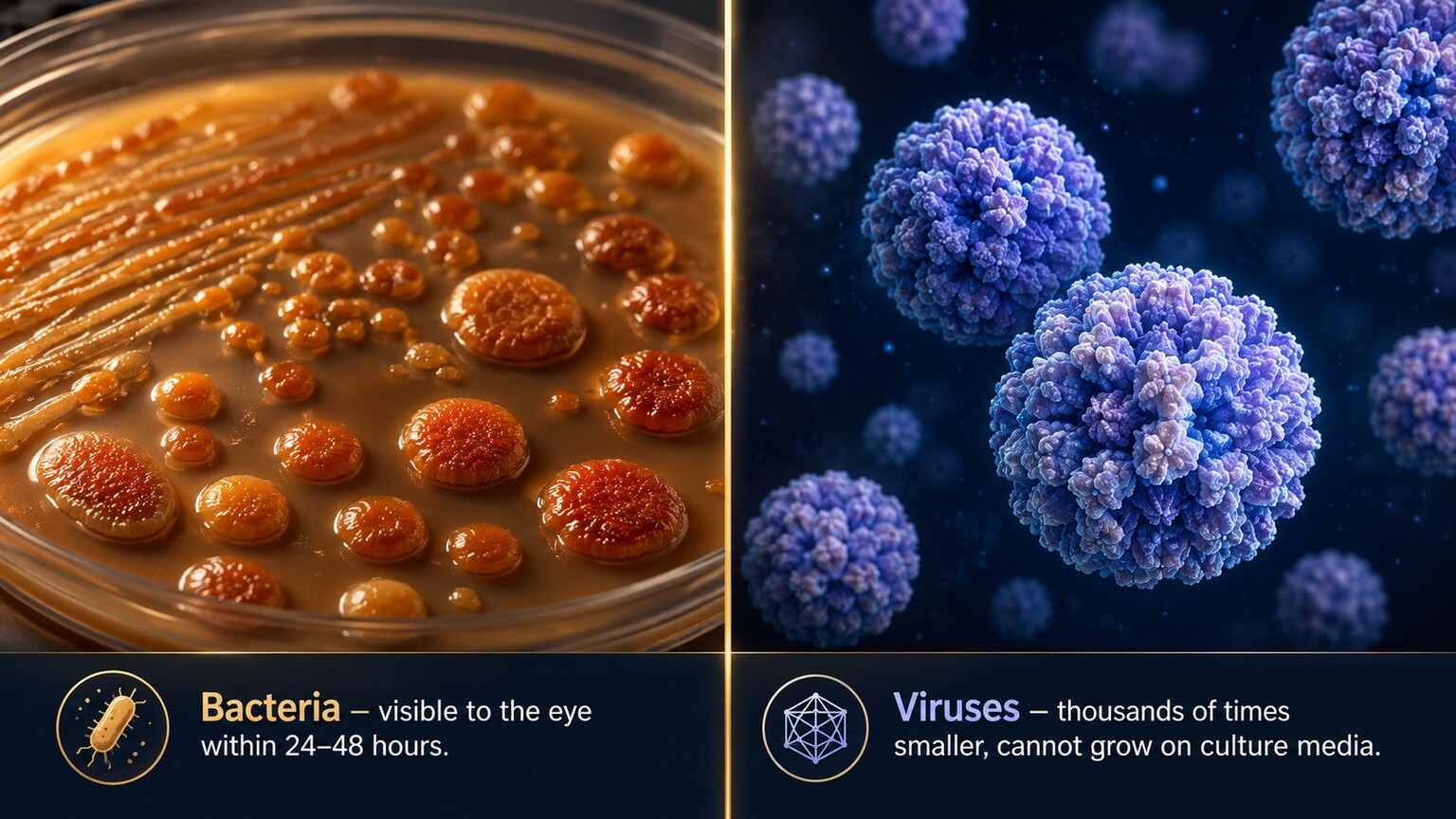 Split scientific illustration comparing rod-shaped bacterial colonies to submicroscopic icosahedral norovirus particles