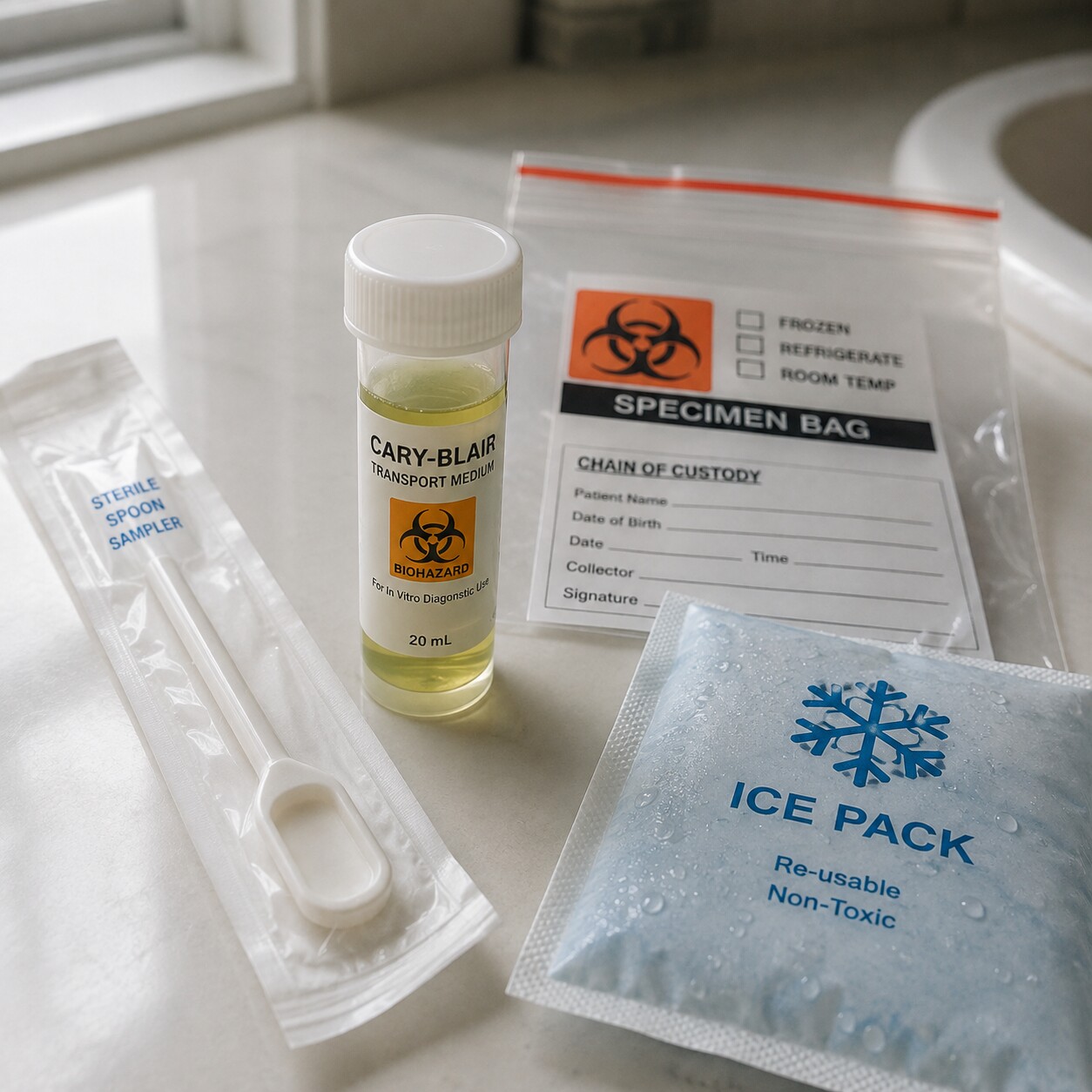 Sealed stool specimen collection kit with a preservative vial and small ice pack packed for lab transport