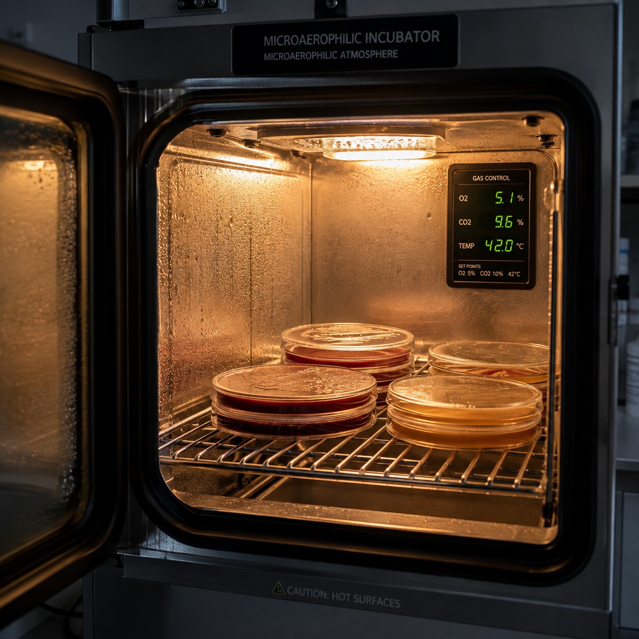 Close-up of a microaerophilic gas-controlled incubator chamber used to culture Campylobacter bacteria at low oxygen levels