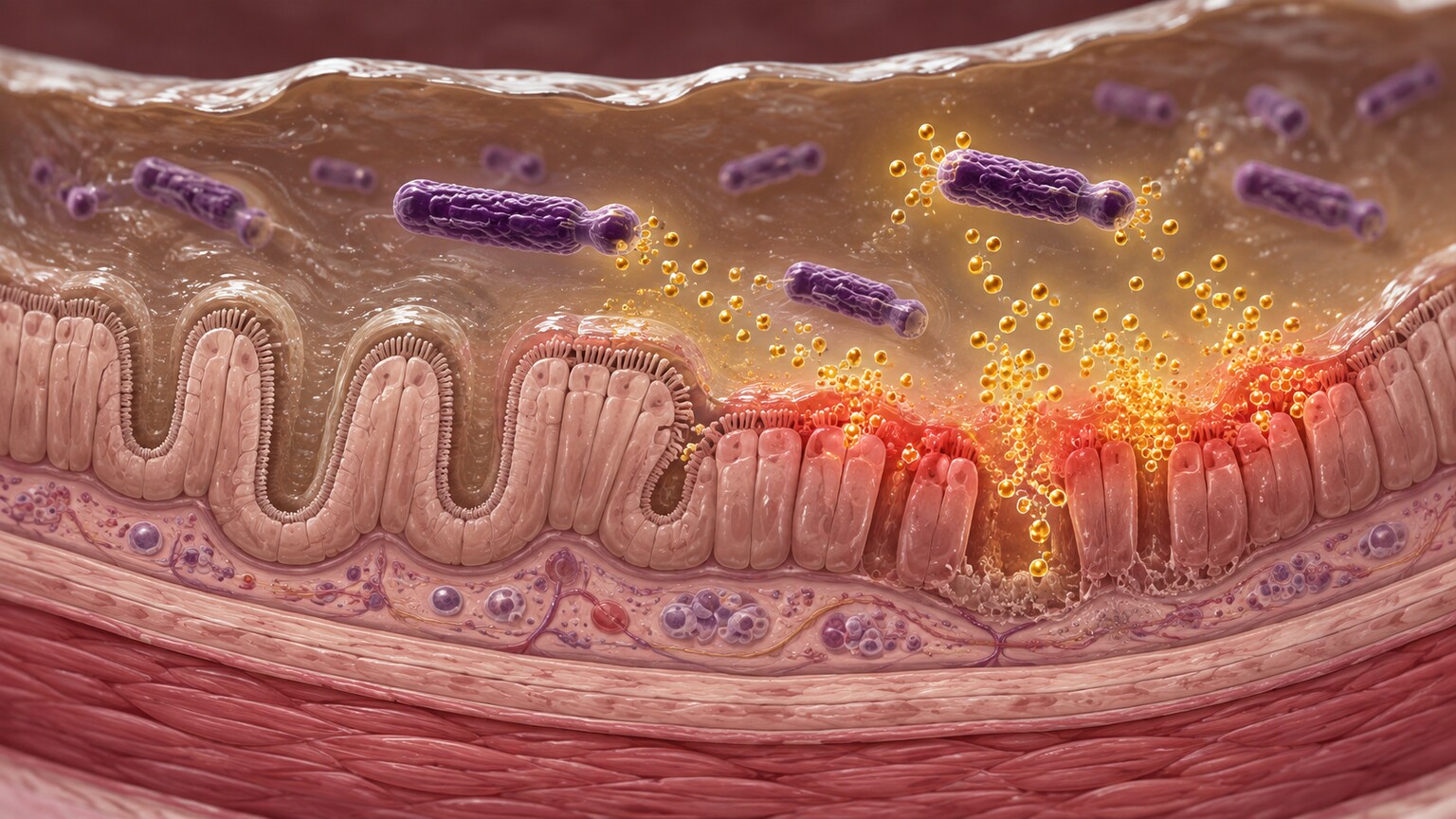 Scientific cross-section illustration of Clostridioides difficile bacteria releasing toxin A and toxin B molecules that damage the colon lining