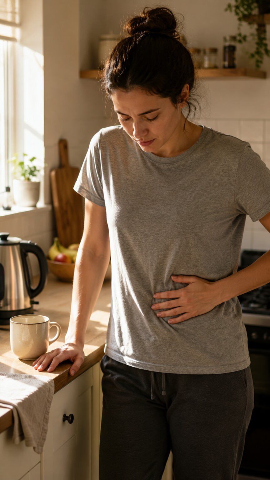 Person standing at a kitchen counter pausing with one hand pressed to their lower abdomen during a recurring bout of digestive discomfort