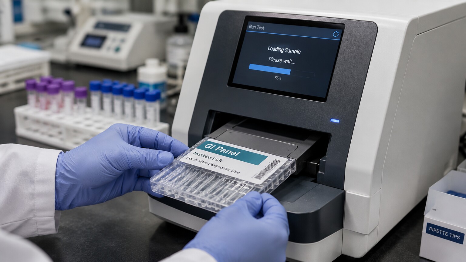 Laboratory technician loading a stool sample cartridge into a multiplex gastrointestinal PCR panel analyzer