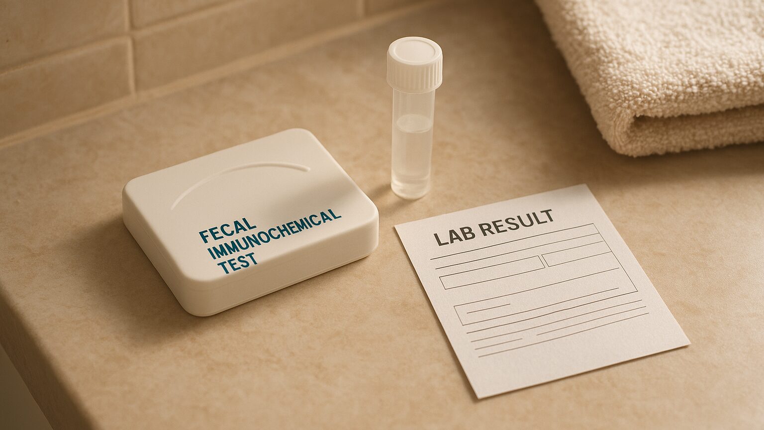 A fecal immunochemical test collection kit and small sample tube resting on a bathroom counter next to a printed lab result card