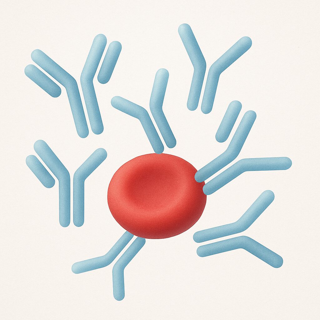 Close-up scientific illustration of Y-shaped antibody proteins binding to a human hemoglobin molecule