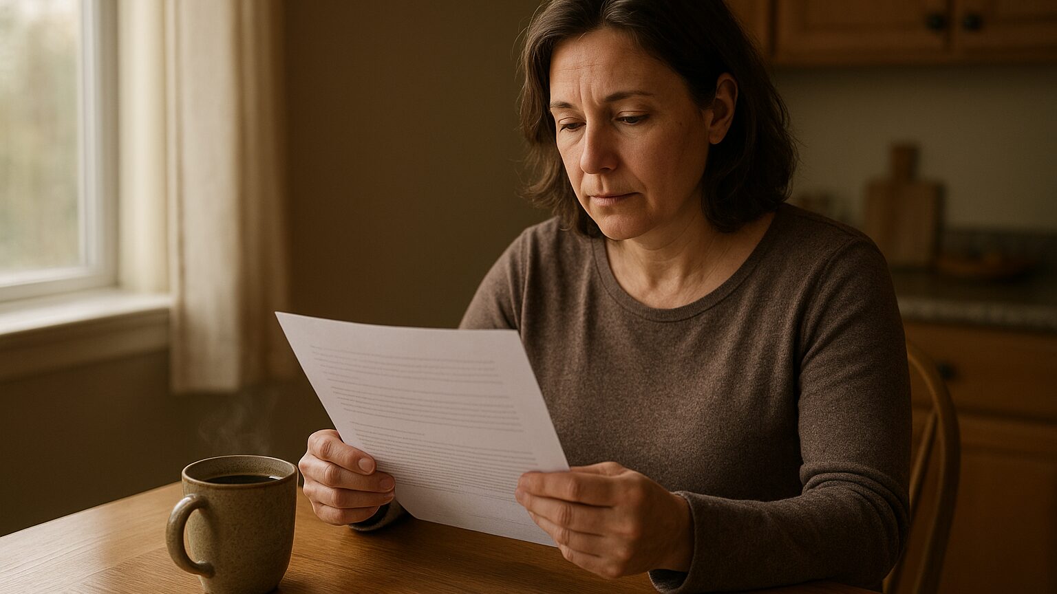 A person in their forties sitting at a kitchen table in the morning, quietly reading a lab result letter with a cup of coffee nearby