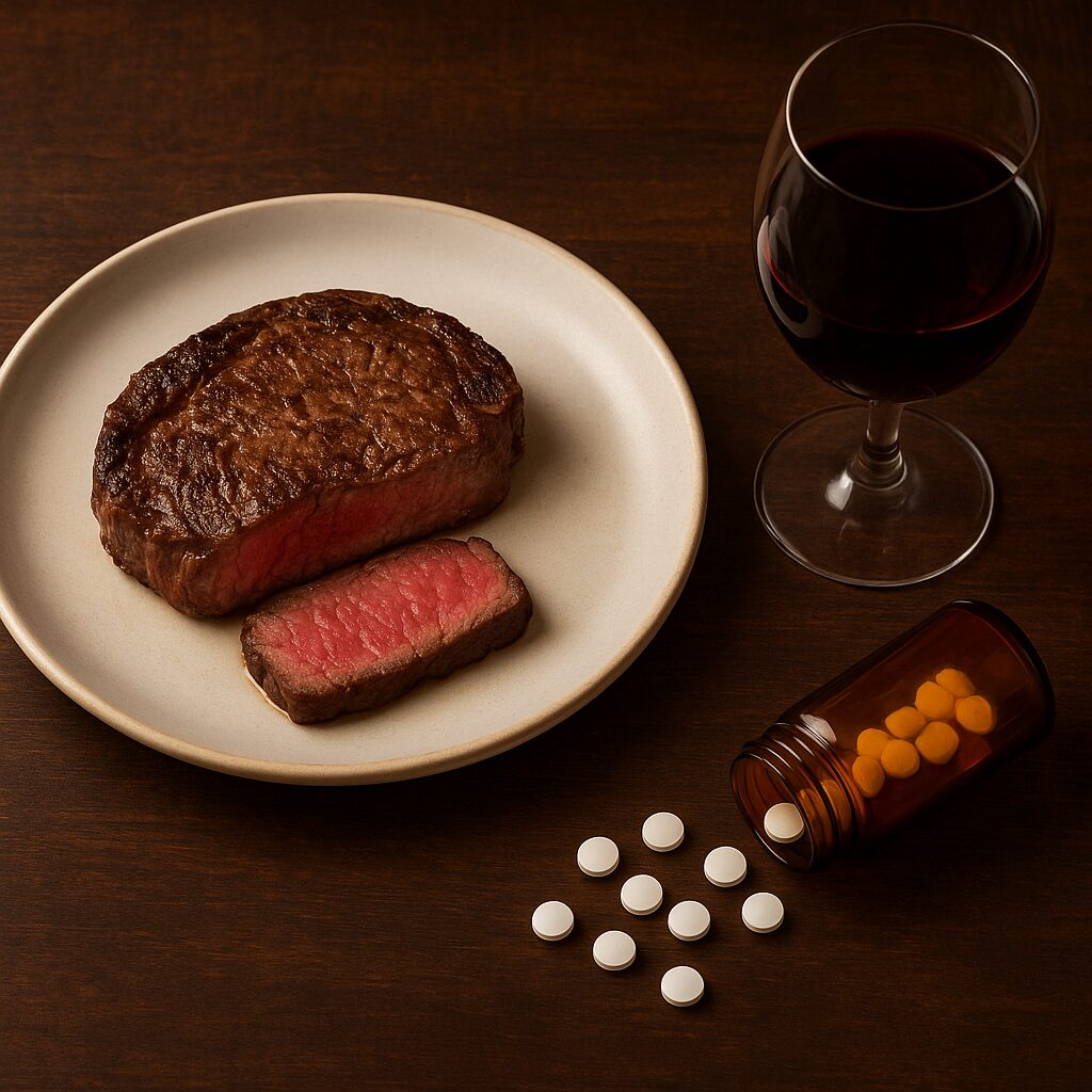 Overhead flat-lay of a rare steak dinner plate beside a bottle of aspirin and a glass of red wine on a dinner table