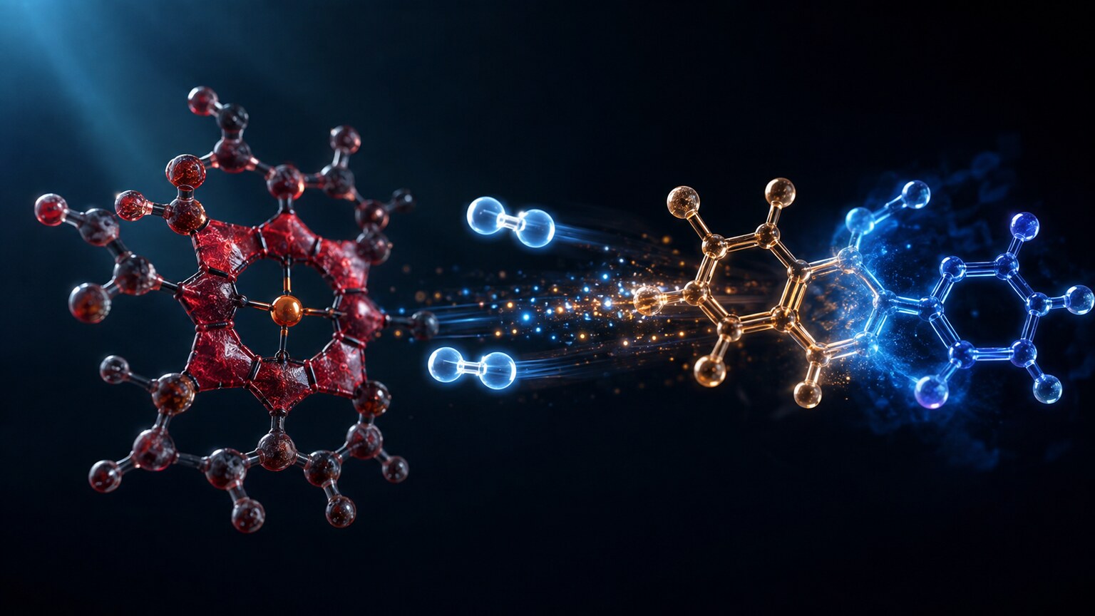 Scientific illustration of heme molecules catalyzing a reaction between hydrogen peroxide and guaiac resin to produce a blue color change