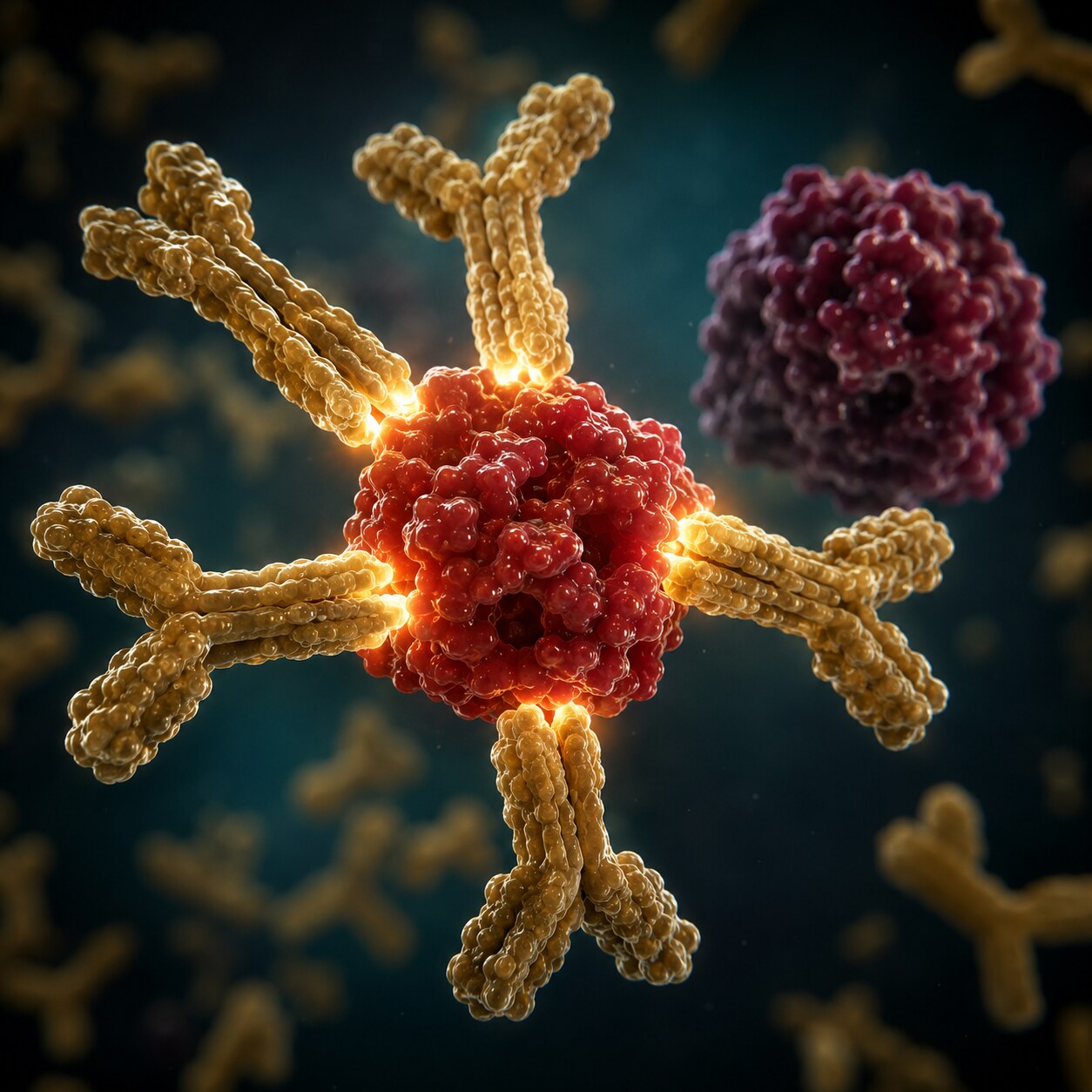 Scientific illustration of Y-shaped antibodies specifically latching onto human hemoglobin molecules while ignoring nearby animal hemoglobin from food