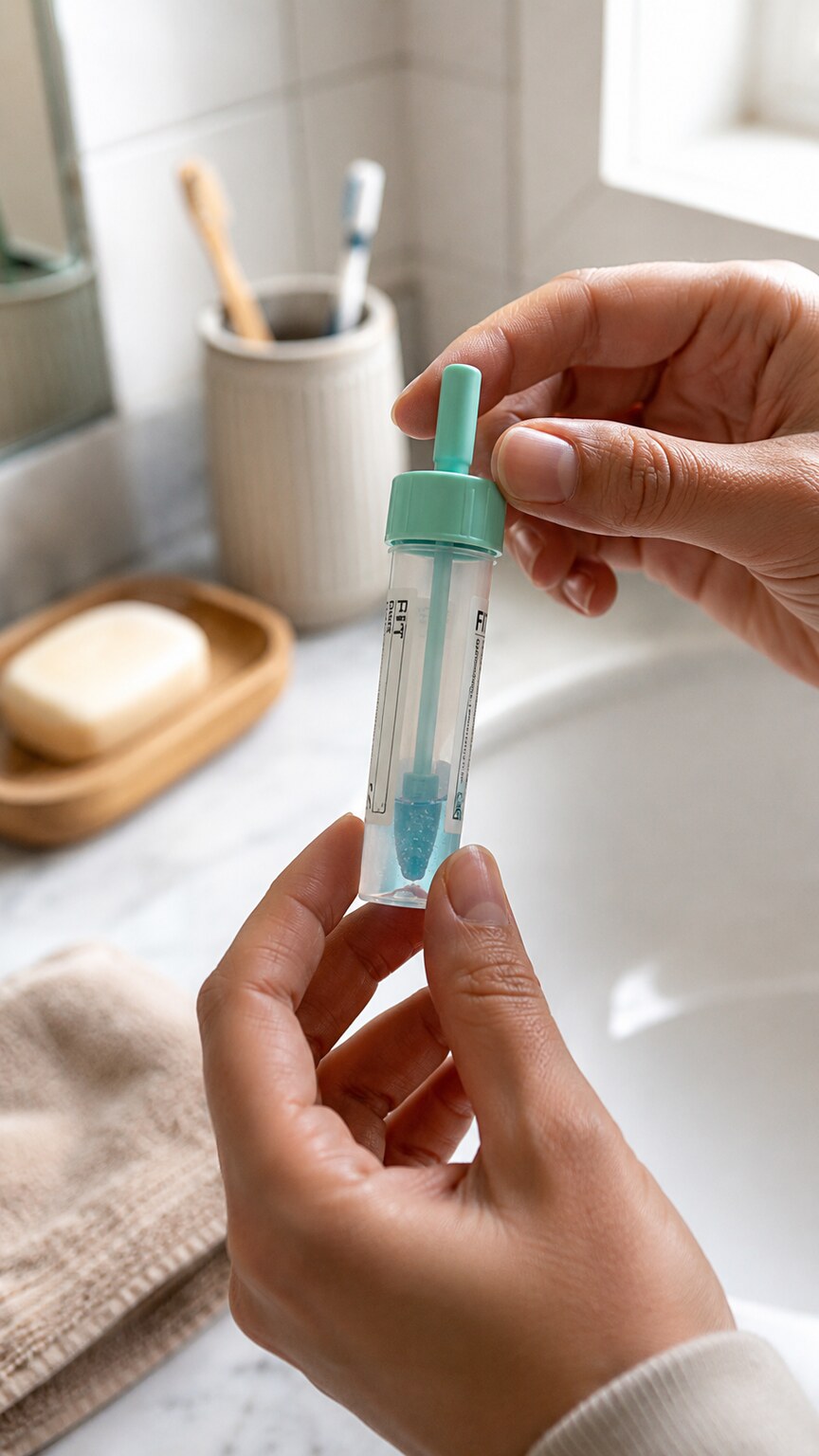 Hands at a home bathroom sink preparing a small FIT collection vial with its built-in sampling probe cap