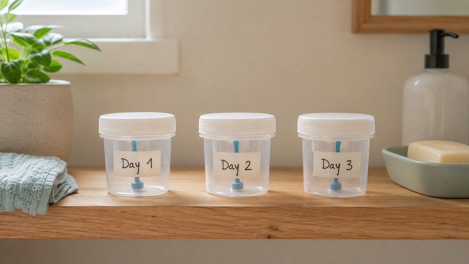 Three labeled stool sample collection containers from consecutive days lined up on a home bathroom shelf