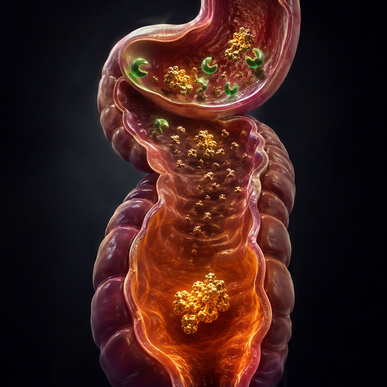Cutaway illustration of the digestive tract showing globin protein being broken down in the stomach and small intestine while remaining intact lower in the colon