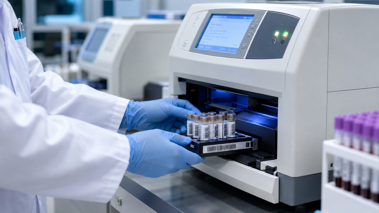 Laboratory technician loading a rack of FIT sample vials into an automated turbidimetric immunoassay analyzer