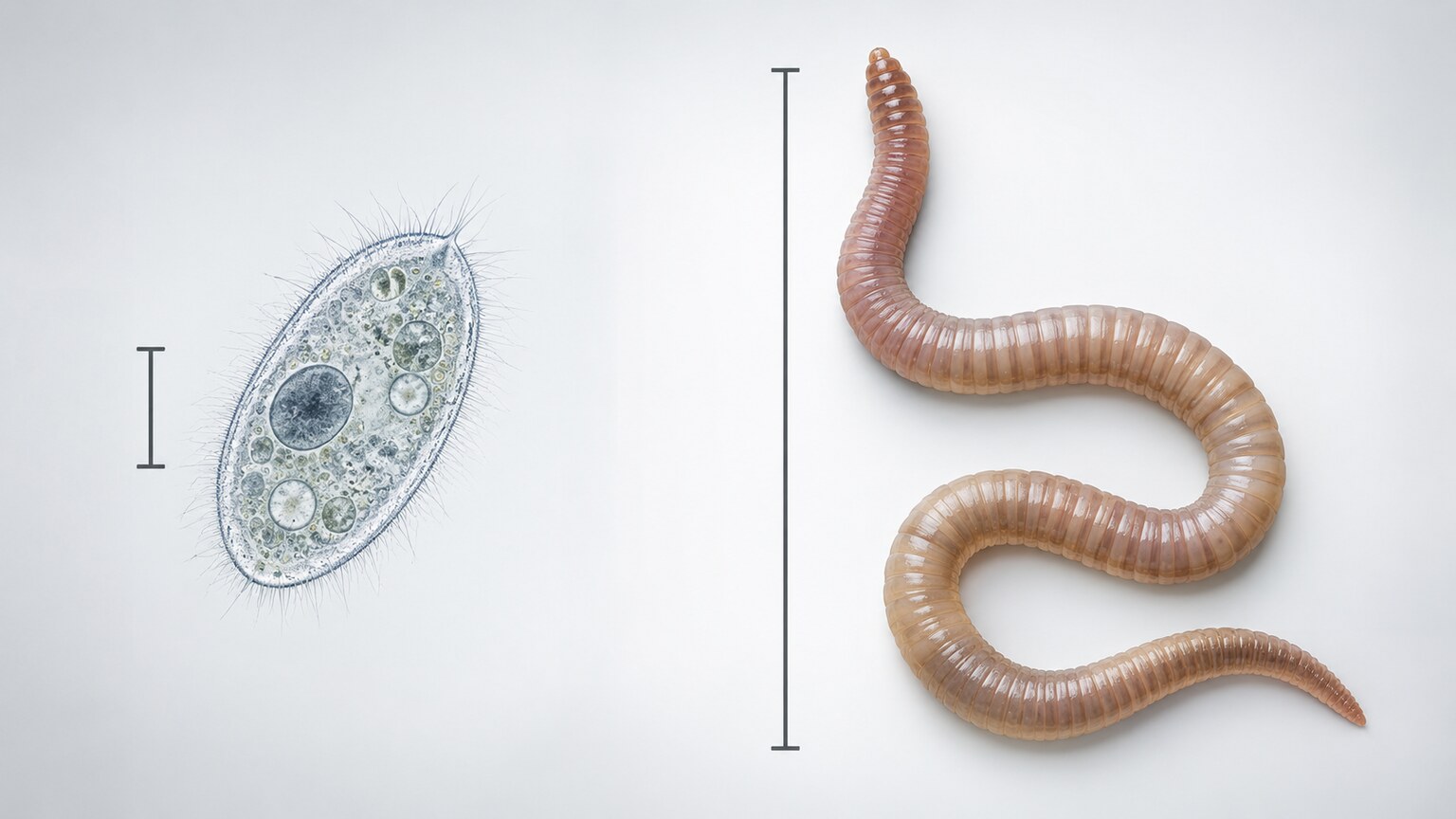 Scale comparison illustration showing the dramatic size difference between microscopic protozoa and visible adult worms