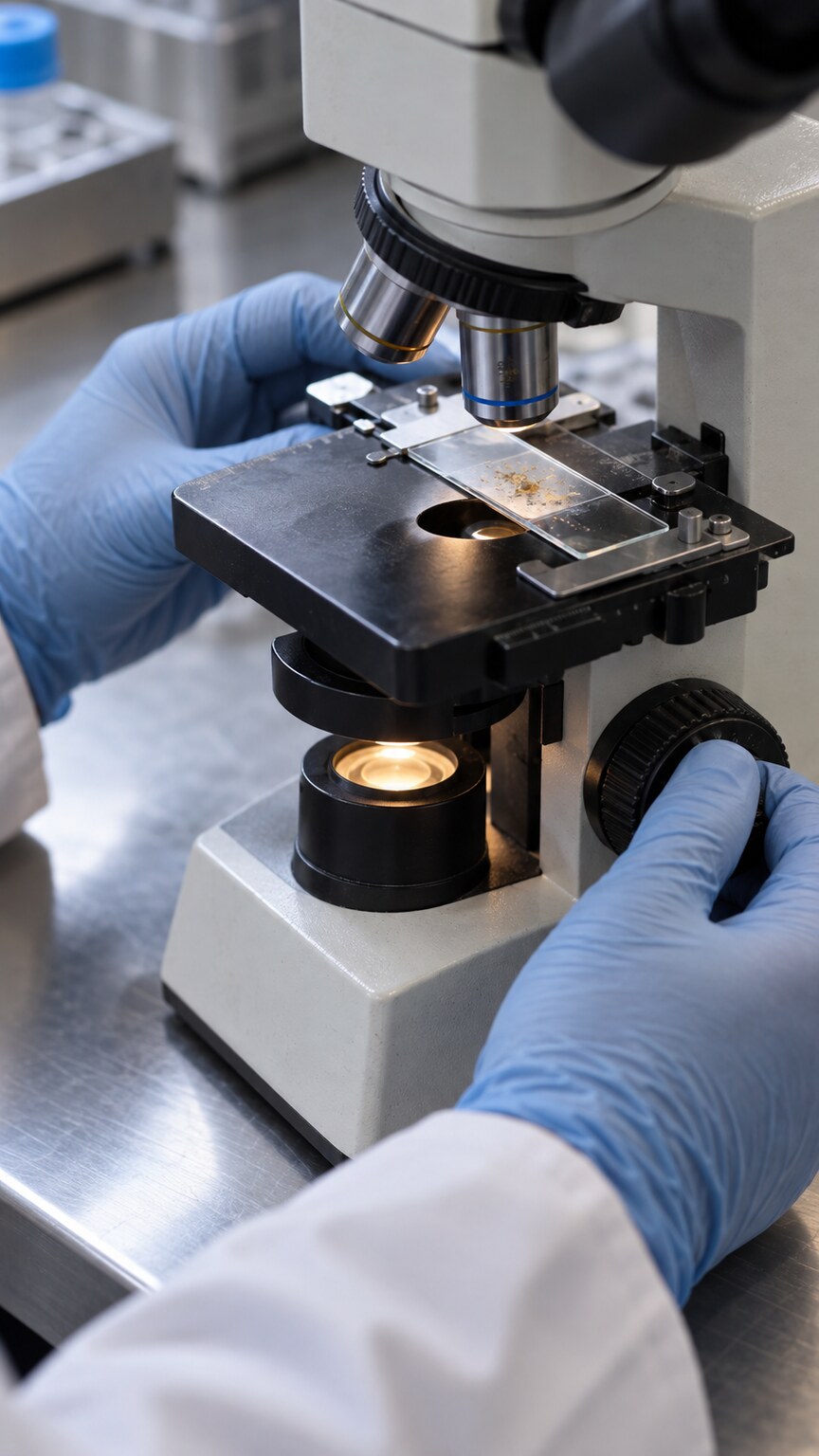 Laboratory technologist examining a stool microscopy slide capable of identifying both protozoa and worm eggs
