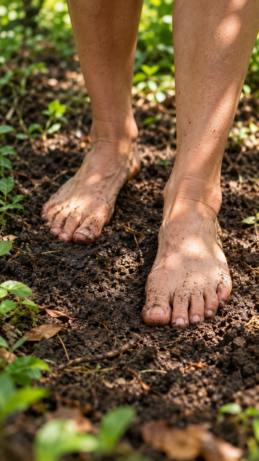 Bare feet walking on soil, a specific transmission route for hookworm larvae that penetrate skin directly