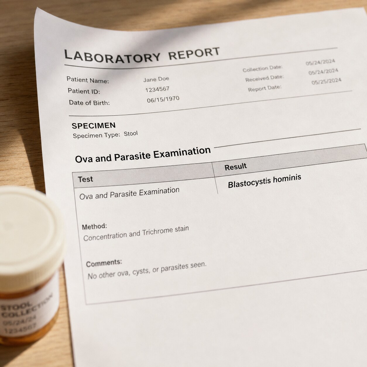 Close-up of a printed stool test report showing the specific organism name identified on an ova and parasite examination