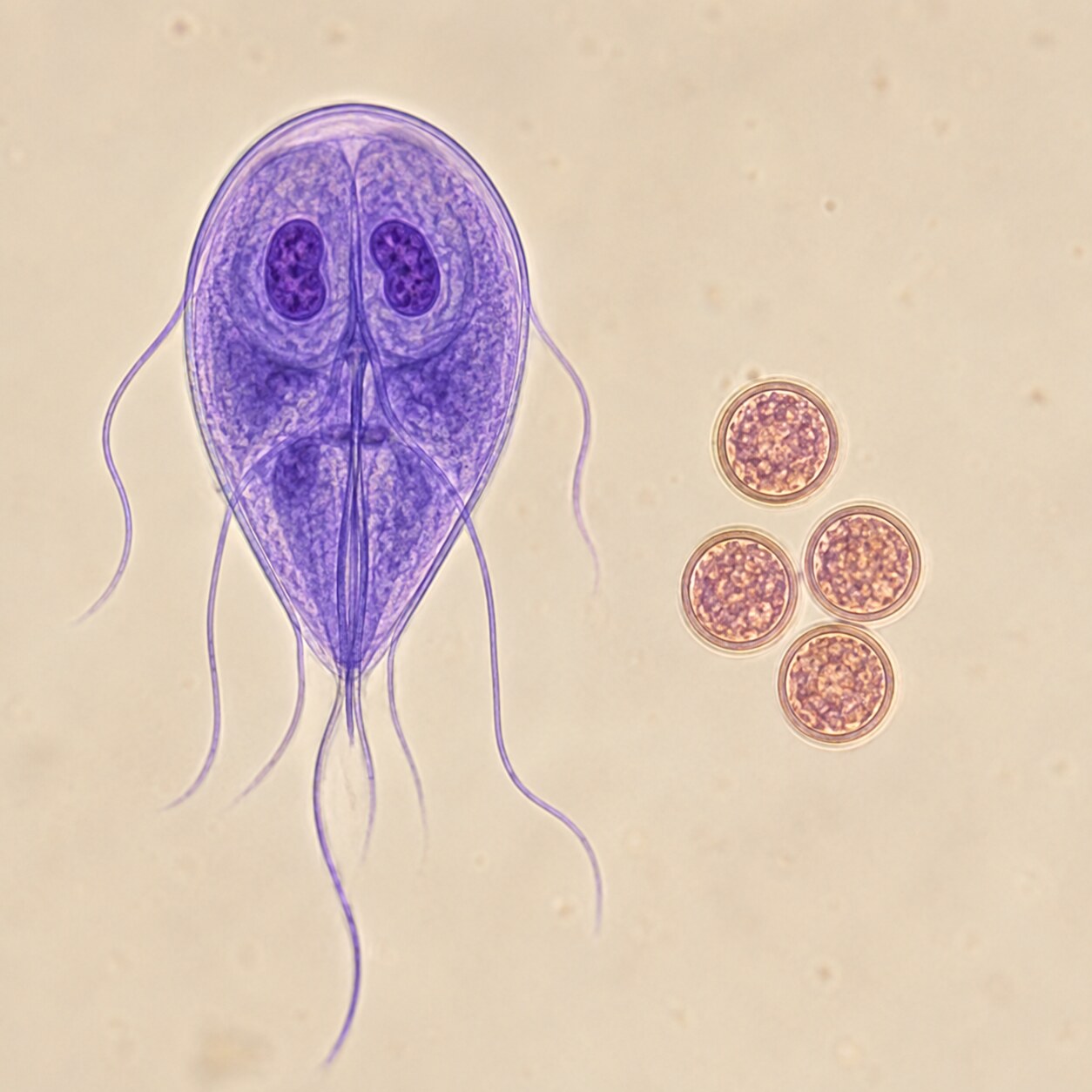 Scientific illustration comparing the distinct microscopic shapes of Giardia and Cryptosporidium parasite forms