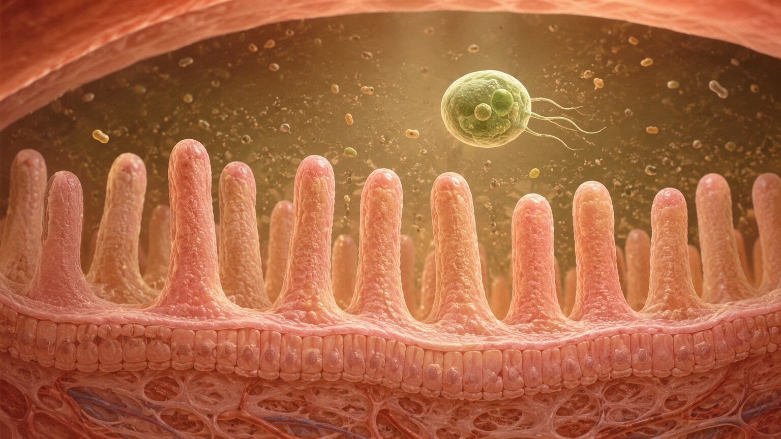 Scientific illustration of a harmless commensal protozoan organism coexisting alongside the intestinal lining without causing tissue damage