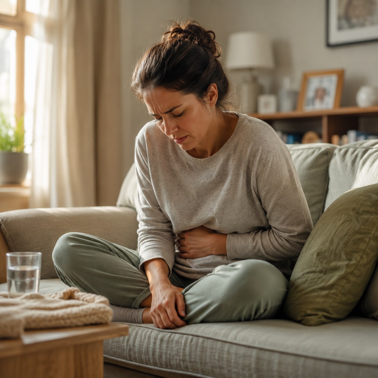 Person sitting on a couch holding their abdomen in discomfort, a common symptom pattern associated with genuine parasitic gut infections