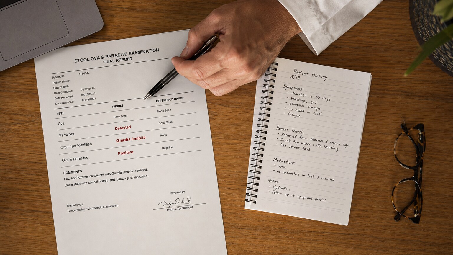 Overhead view of a clinician's desk reviewing a printed stool ova and parasite test report alongside patient history notes