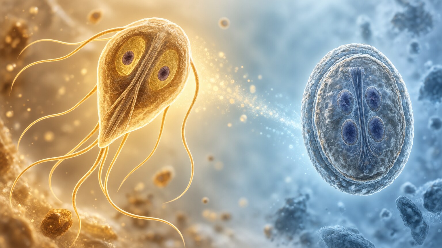 Scientific illustration comparing the active trophozoite form and the hardy protective cyst form of Giardia