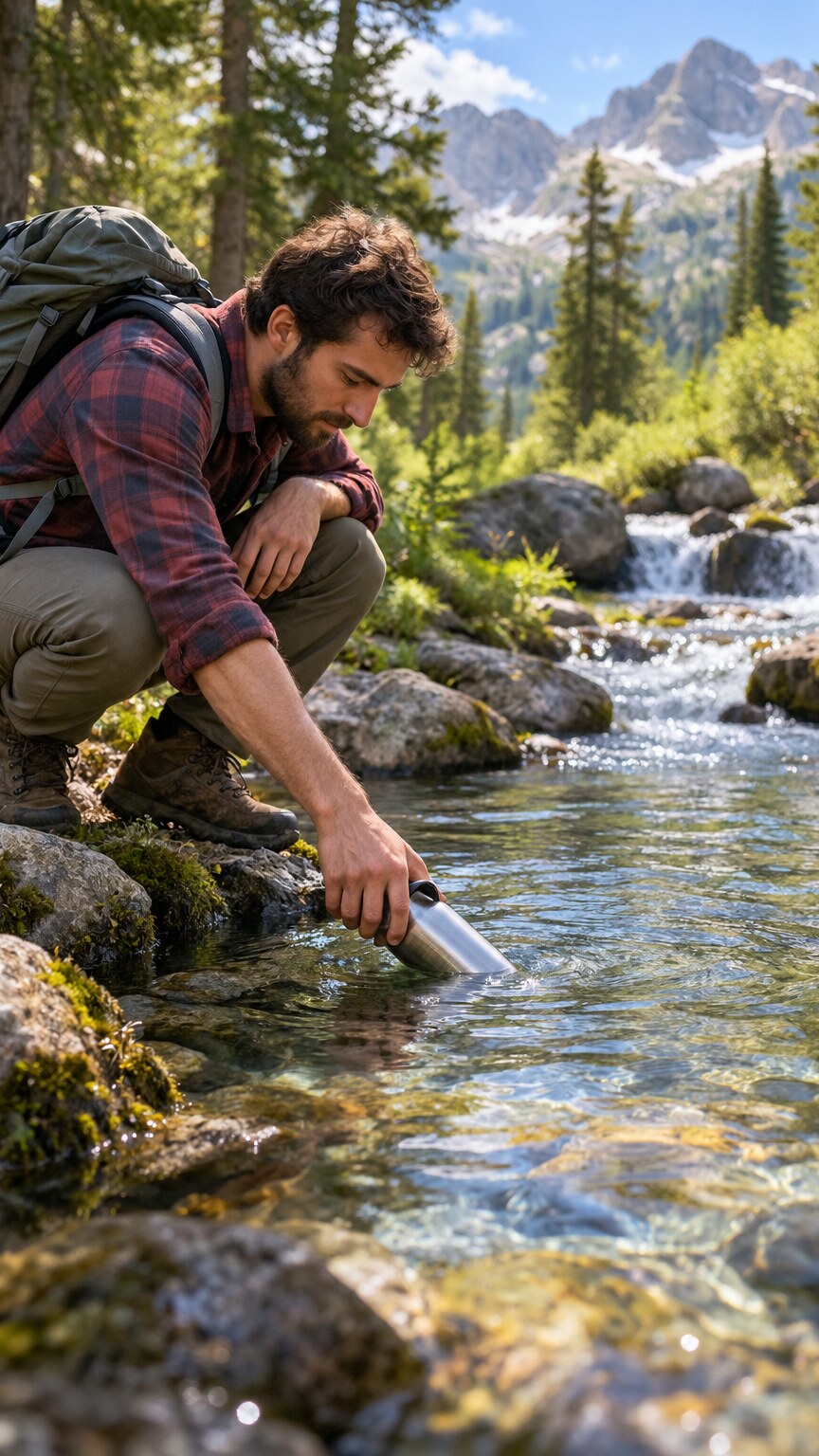 Hiker filling a water bottle directly from a natural stream during an outdoor trip