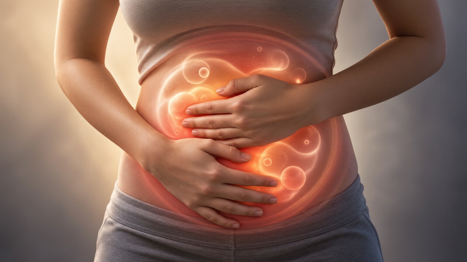 Illustration depicting abdominal bloating and cramping discomfort associated with Giardia infection
