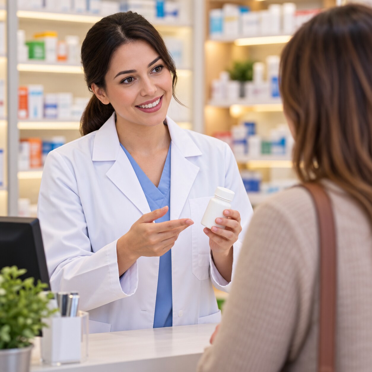 Pharmacist reviewing an antiparasitic medication prescription with a patient