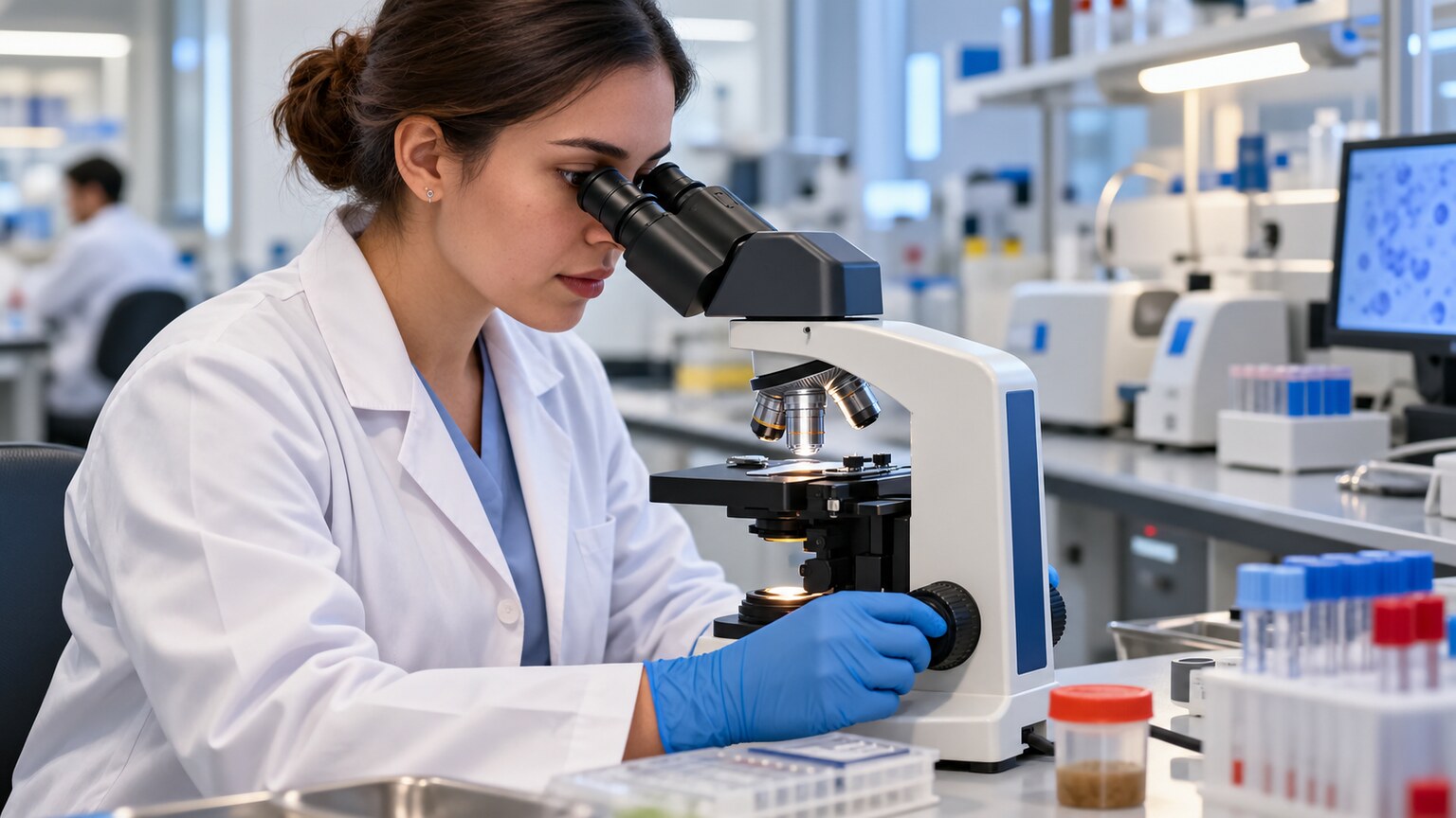 Laboratory technologist examining a stool sample slide under a microscope for parasite identification