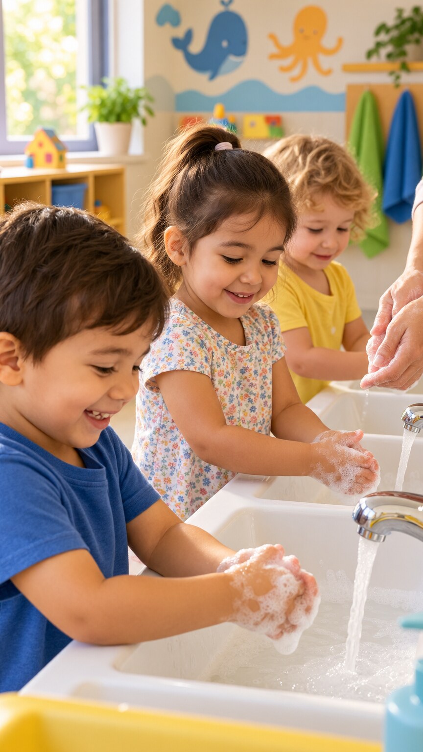 Young children washing their hands together at a daycare center sink