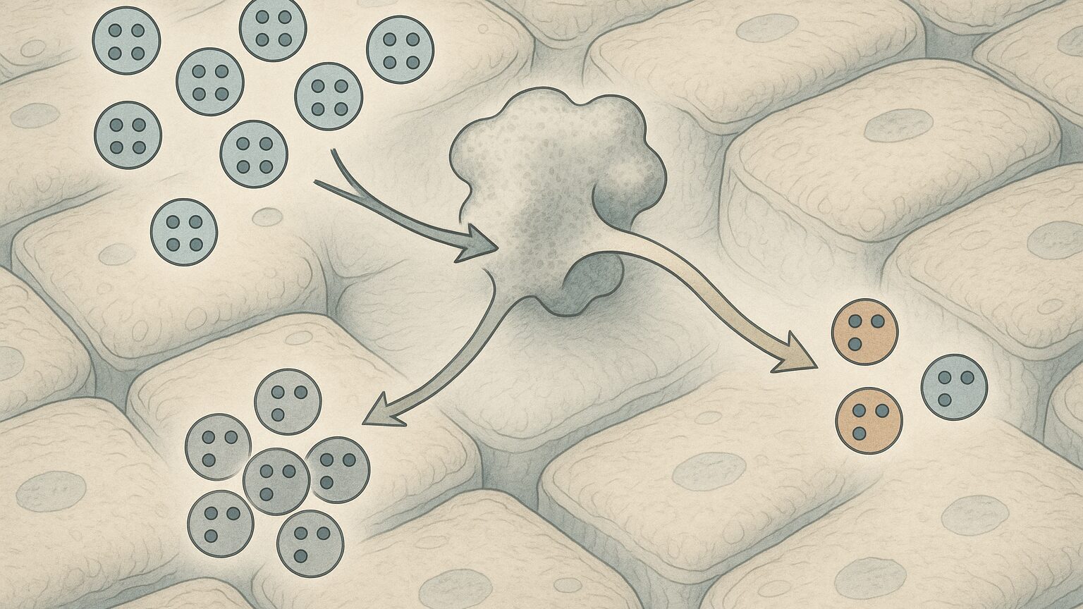 Scientific illustration of thyroxine hormone molecules at a metabolic fork inside liver tissue, with an enzyme redirecting the pathway toward inactive reverse T3 instead of active T3