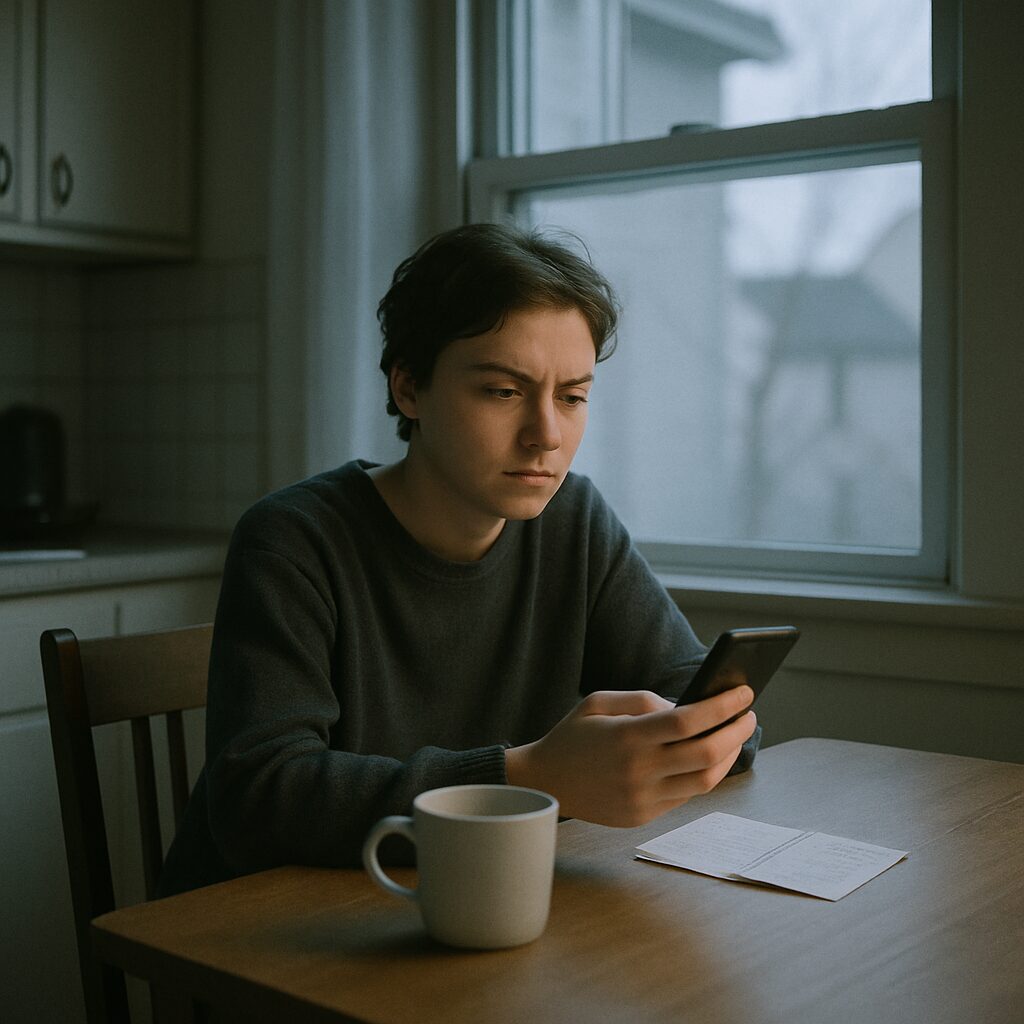 A person sitting at a kitchen table early in the morning with an empty coffee cup and a lab requisition slip, having not yet eaten before a scheduled blood draw