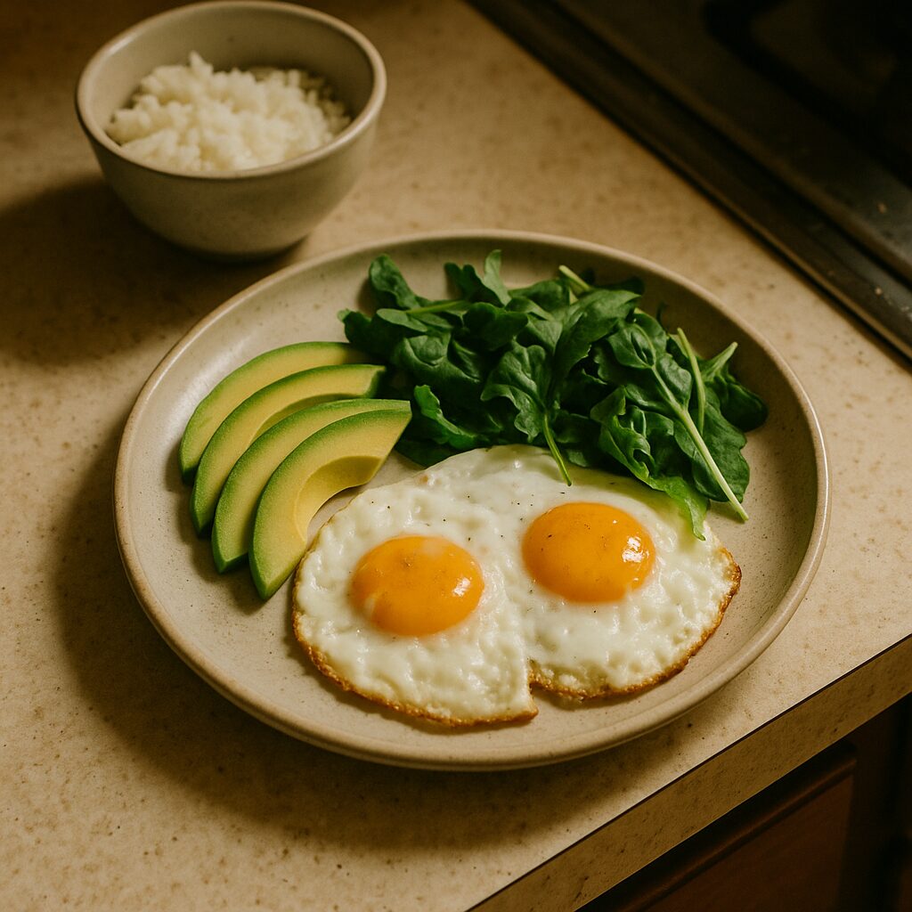 A very low-carbohydrate meal of eggs, avocado, and greens plated on a kitchen counter, with a small bowl of rice pushed to the side untouched