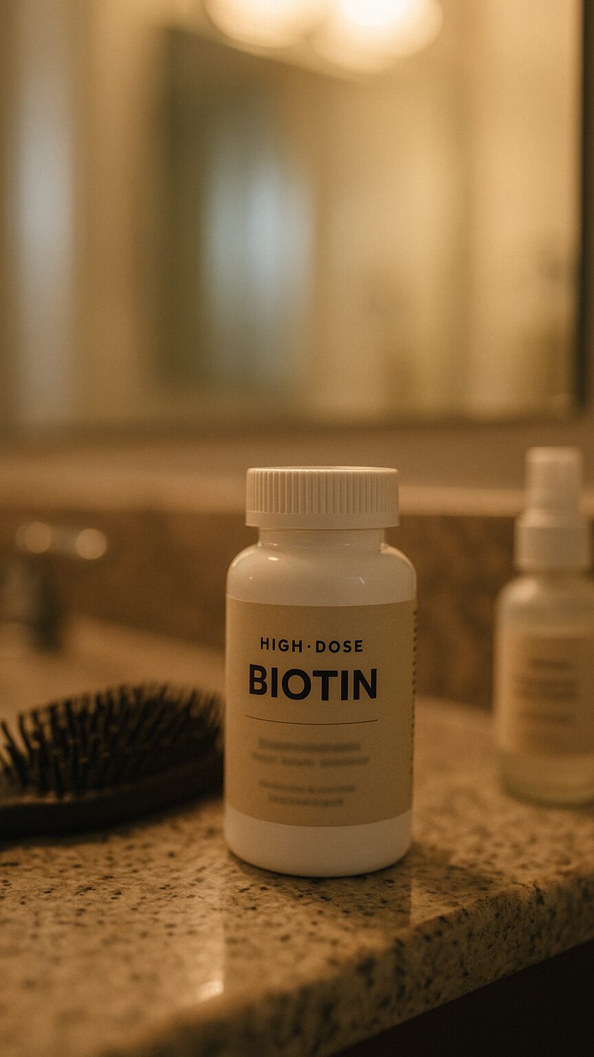 A high-dose biotin supplement bottle standing on a bathroom counter next to a hairbrush and other morning routine items
