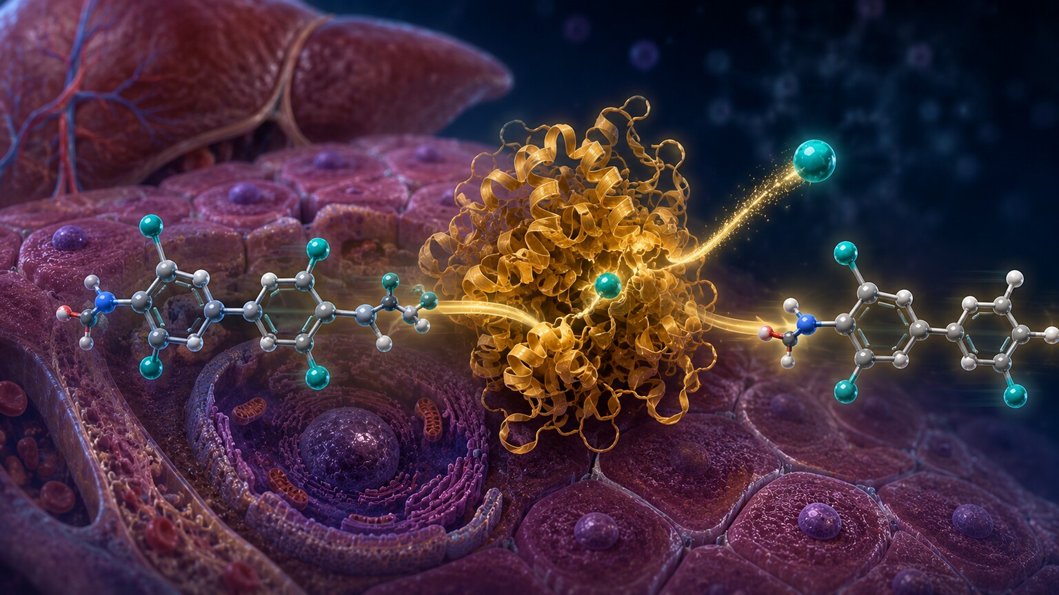 Scientific illustration of a deiodinase enzyme converting T4 hormone into active T3 inside liver tissue