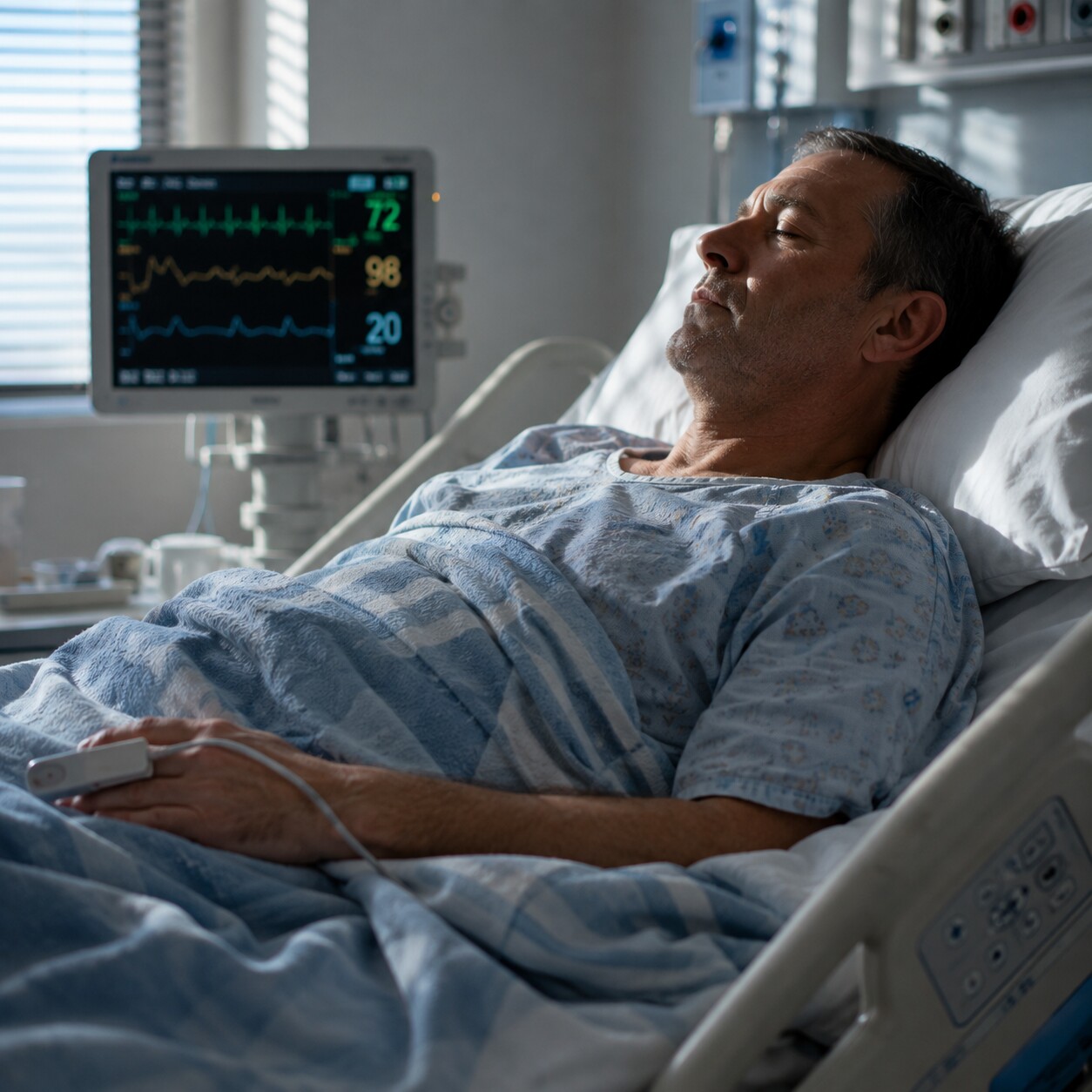 Hospitalized patient resting in a bed connected to monitoring equipment during a severe illness