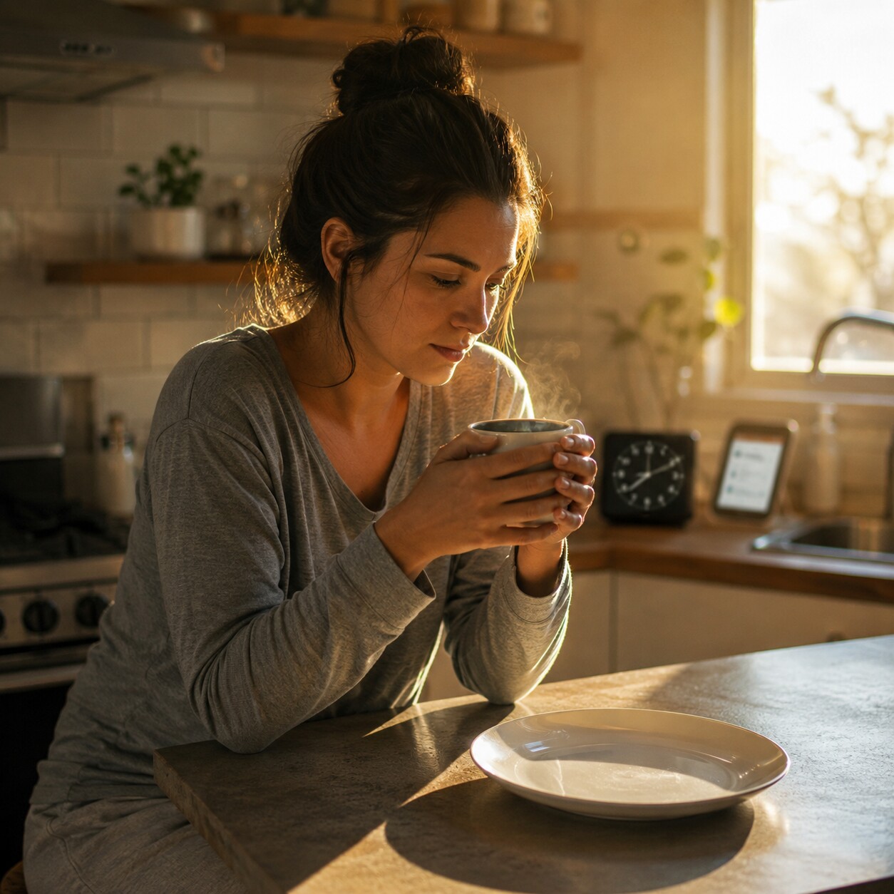 Person sitting at a kitchen counter with an empty plate and black coffee during an extended fasting window