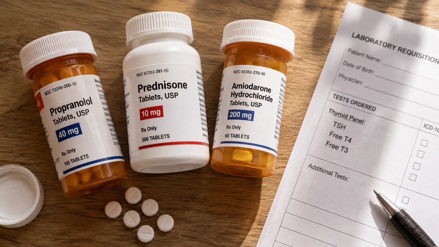 Close-up of prescription medication bottles for propranolol, prednisone, and amiodarone beside a lab requisition slip