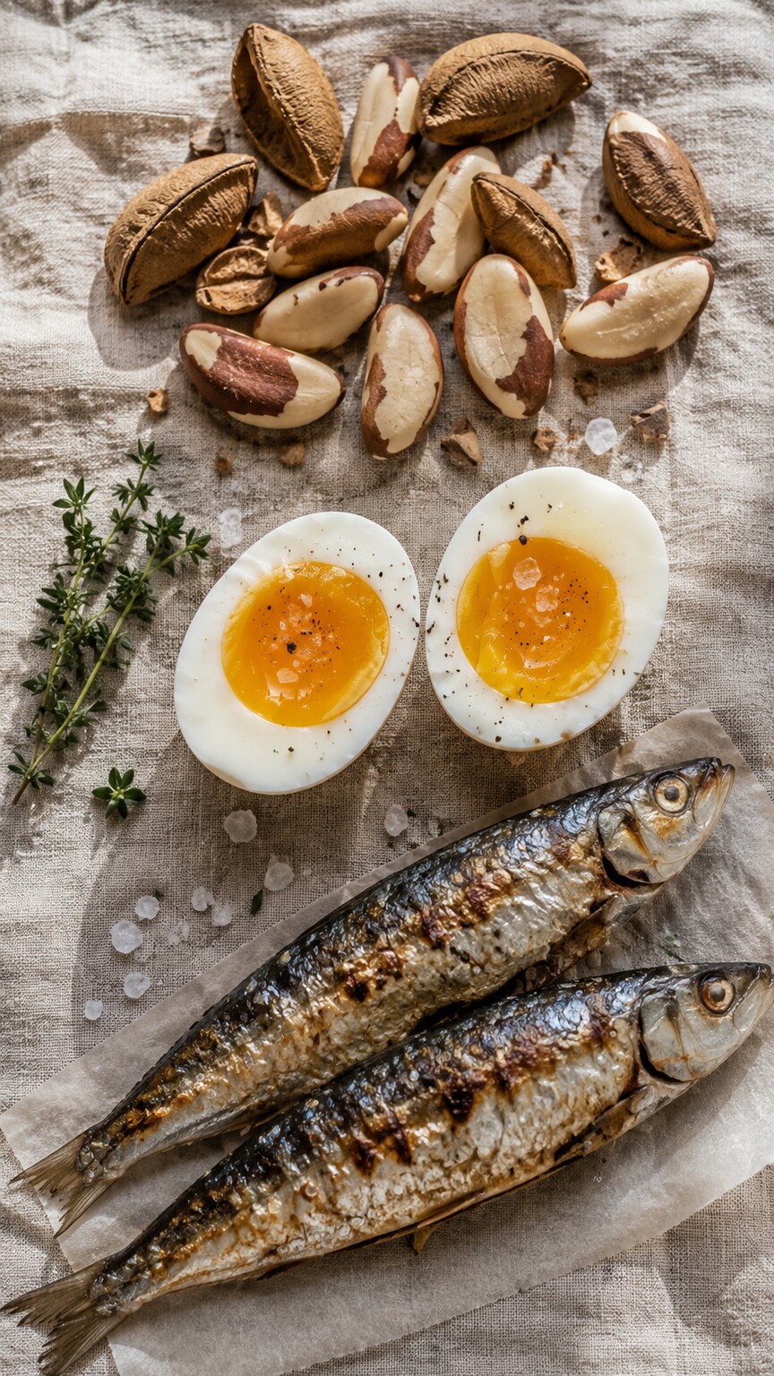 Overhead view of Brazil nuts, eggs, and sardines arranged as selenium-rich foods needed for T4 to T3 conversion